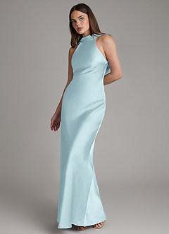 Azazie Dimitra Robes de demoiselle d'honneur Robe Fourreau en Satin extensible Plissé Bleu Nuage image6