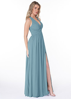 Azazie Jaclyn Bridesmaid Dresses Moody Blue A-Line Pleated Chiffon Dress image4