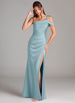Azazie Wynter Bridesmaid Dresses Moody Blue Sheath Off the Shoulder Stretch Satin Dress image3