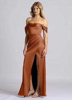 Azazie Auden Bridesmaid Dresses Copper Sheath Off the Shoulder Stretch Satin Convertible Dress image4