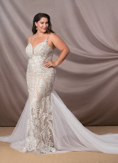 Azazie Josephine Final Sale Diamond White Nude Mermaid V-Neck Sequins Tulle Dress image8