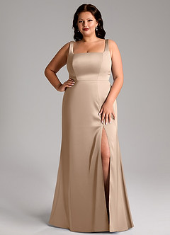 Azazie Frostine Bridesmaid Dresses Taupe A-Line Bow Stretch Satin Dress image14