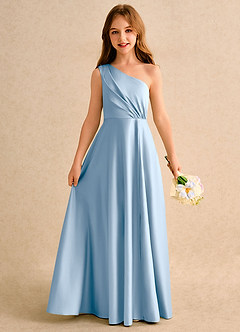 Azazie Puddles Girls Formal Abiti da Ragazza di Fiori Abito A-Line in Raso Opaco Monospalla Azzurro Polvere image1