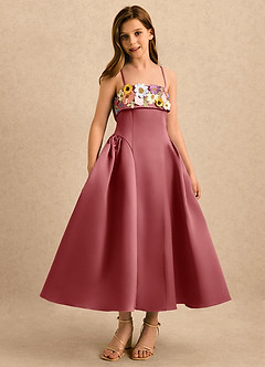 Azazie Gianna Girls Formal vestidos de niña de las flores Vestido Rosa Antigua de Satin Mate de Corte en A con Plisado image3