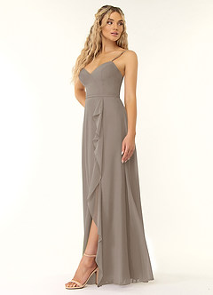 Azazie Naeem Bridesmaid Dresses Taupe A-Line V-Neck Ruffle Chiffon Dress image3