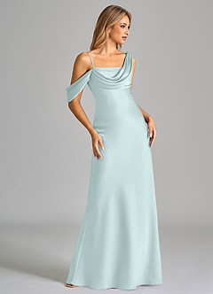 Azazie Celina Bridesmaid Dresses Sea Glass Sheath Off the Shoulder Stretch Satin Dress image5