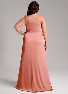 Azazie Phaedra Bridesmaid Dresses Coral A-Line One Shoulder Stretch Satin Dress image9