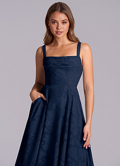 Azazie Shaude Bridesmaid Dresses Dark Navy A-Line Pleated Floral Burnout Dress image3