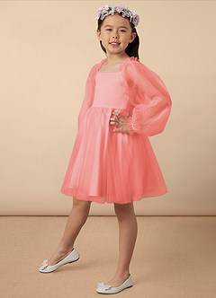 Azazie Aya Flower Girl Dresses Coral A-Line with Sleeves Tulle Dress image2