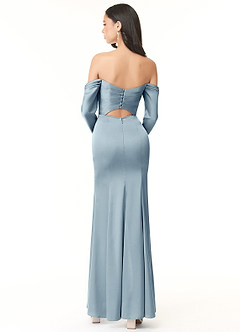 Azazie Hallie Bridesmaid Dresses Dusty Blue Sheath Off-The-Shoulder Long Sleeve Stretch Satin Convertible Dress image4
