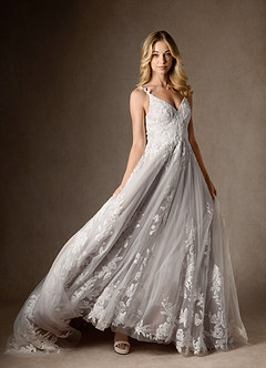Azazie Delaina Vestidos de novia Vestido de Blanco Diamante Moca de Tul de Corte en A con Lentejuelas cuello pico image11