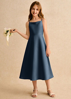 Azazie Jaella Girls Formal Blomsterpigekjoler A-Line Plisseret Mat satin Te-længde Kjole image2