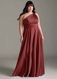 Azazie Charlize Bridesmaid Dresses Terracotta A-Line One Shoulder Stretch Satin Dress image9