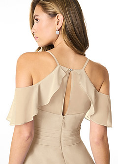 Azazie Dakota Bridesmaid Dresses Champagne A-Line V-Neck Pleated Chiffon Dress image4