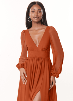 Azazie Norah Bridesmaid Dresses Burnt Orange A-Line V-Neck Long Sleeve Chiffon Dress image5