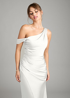 Azazie Madelyn Bridesmaid Dresses White Mermaid One Shoulder Stretch Satin Convertible Dress image4