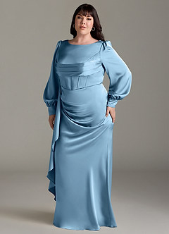 Azazie Raye Bridesmaid Dresses Steel Blue Mermaid Long Sleeve Stretch Satin Dress image10