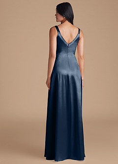 Azazie Hope Bridesmaid Dresses Dark Navy A-Line with Pockets Metallic Satin Dress image4