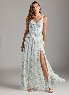 Azazie Chanel Bridesmaid Dresses Blue And White Ditsy Floral A-Line Pleated Chiffon Dress image3