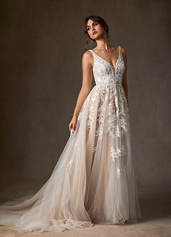 Azazie Sorella Hochzeitskleider A-Linie V-Hals Pailletten Tüll Kleid Diamantweiß Nude image4