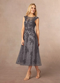 Azazie Flynn Mother of the Bride Dresses Steel Grey A-Line Boatneck Lace Tulle Dress image2