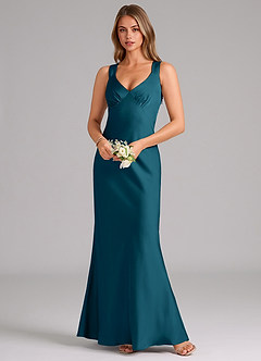 Azazie Kamila Robes de demoiselle d'honneur Robe Trapèze en Satin extensible Plissée Bleu Encre image4