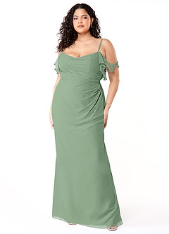Azazie Emeralda Robes de demoiselle d'honneur Robe Fourreau en Mousseline de soie Épaule décolletée Matcha image7