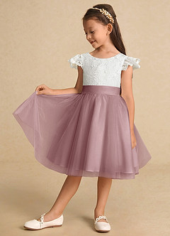 Azazie Vetty Flower Girl Dresses Ivory Dusty Rose A-Line Lace Tulle Dress image4