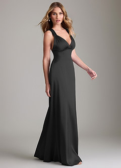 Azazie Cemion 신부 들러리 드레스 A라인 스트레치 새틴 바닥 길이 드레스 image4