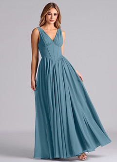 Azazie Delmie Final Sale Dusty Blue A-Line Corset Chiffon Dress image3