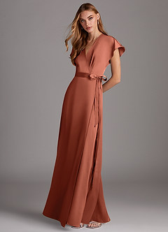 Azazie Nico Robes de demoiselle d'honneur Robe Trapèze en Satin extensible Col en V Argile image3