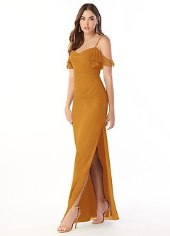 Azazie Emeralda Bridesmaid Dresses Butterscotch Sheath Off the Shoulder Chiffon Dress image1