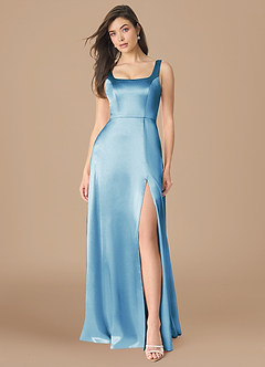 Azazie Joyce Bridesmaid Dresses Steel Blue A-Line Side Slit Metallic Satin Dress image1