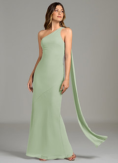 Azazie Juniper At-home Try On Dresses Dusty Sage Mermaid One Shoulder Chiffon Dress image3