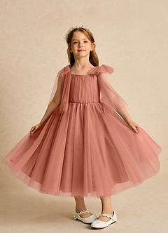Azazie Dori Robe Demoiselle D'honneur Fillette Robe Trapèze en Tulle Rayé Mai Tai image6