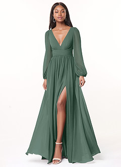 Azazie Norah Bridesmaid Dresses Sea Moss A-Line V-Neck Long Sleeve Chiffon Dress image1