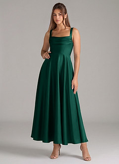 Azazie Shaude Brautjungfernkleider A-Linie Plissee Stretch-Satin Kleid Smaragd image1