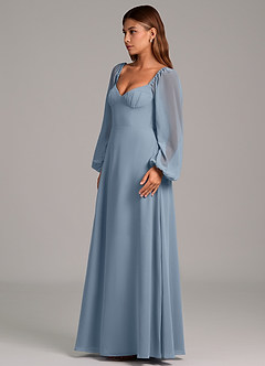 Azazie Annistyn Vestidos de madrinha de casamento Vestido Azul Empoeirado de Chiffon de Linha A com Manga comprida image6