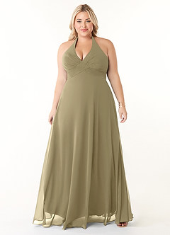 Azazie Tessie Vestidos de damas de honor Vestido de Musgo Verde de Gasa de Corte en A con Cuello en V plisado image6