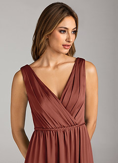 Azazie Tanicia Bridesmaid Dresses Auburn A-Line Pleated Stretch Satin Dress image6