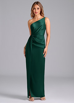 Azazie Naria Venta Final Vestido de Esmeralda de Satén Elástico de Corte Recto con Hombro unilateral image1