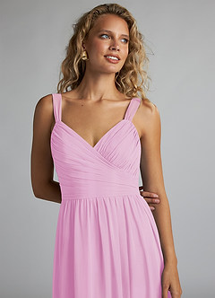 Azazie Aziza Bridesmaid Dresses Candy Pink A-Line V-Neck Pleated Chiffon Dress image5