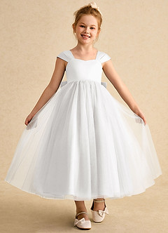 Azazie Chickadee vestidos de niña de las flores Vestido de Blanco de Satin Mate de Corte Princesa con Escote de Corazón image4