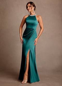 Azazie Lawrence Mother of the Bride Dresses Peacock A-Line Pleated Stretch Satin Dress image2