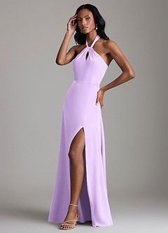 Azazie Tracie Bridesmaid Dresses Lilac A-Line Side Slit Stretch Satin Dress image4