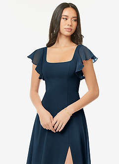 Azazie Bondi Vestidos de damas de honor Vestido Azul Marino Oscuro de Gasa de Línea A con Volantes image6
