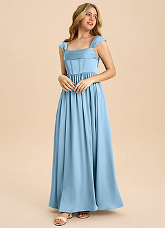 Azazie Hattie Junior Steel Blue A-Line Pleated Stretch Satin Dress image1