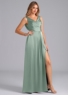 Azazie Karina Final Sale Agave A-Line Pleated Stretch Satin Dress image5