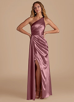 Azazie Mika Bridesmaid Dresses Vintage Mauve Sheath One Shoulder Metallic Satin Dress image3