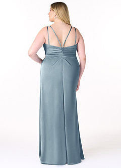 Azazie Aqua Bridesmaid Dresses Dusty Blue A-Line V-Neck Pleated Stretch Satin Dress image9